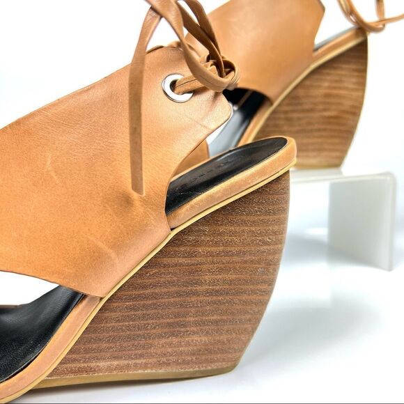 REBECCA MINKOFF Size 6 Eden Leather Criss Cross Curved Wedge Peep Toe Tan - Picture 2 of 10